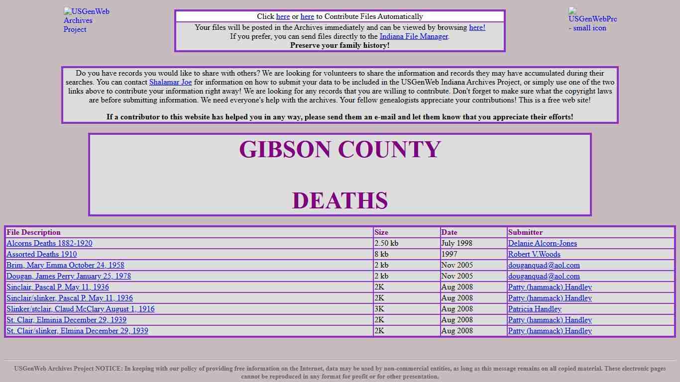 Deaths - gibson county - USGenWeb Archives
